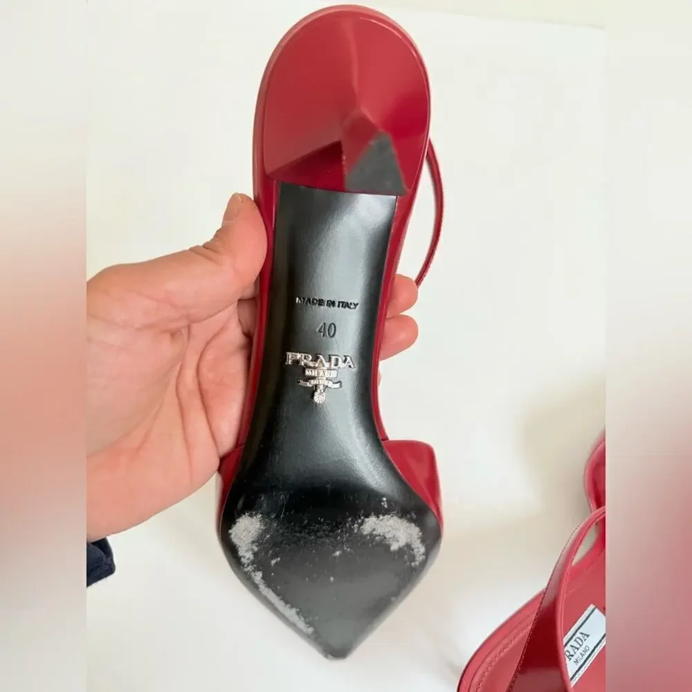 Prada Scarlet Red Leather Logo Plaque pointed toe ankle strap pumps EU 40